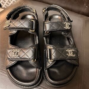 Chanel black quilted lambskin leather dad sandals